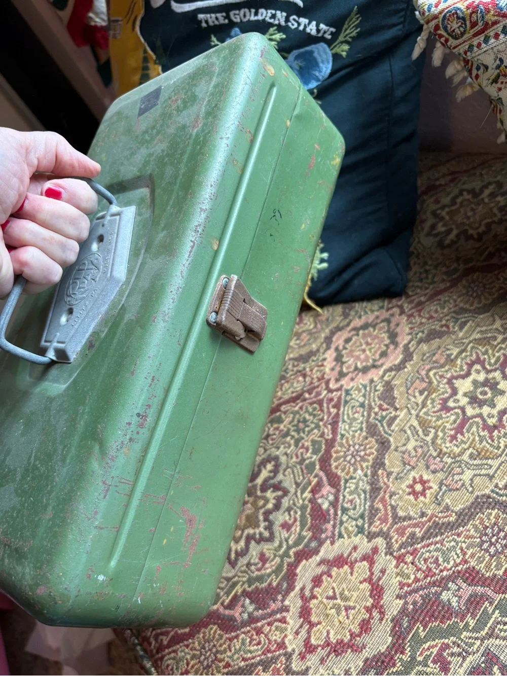 Old Pal Vintage Green Metal Tool Box with Raised Logo